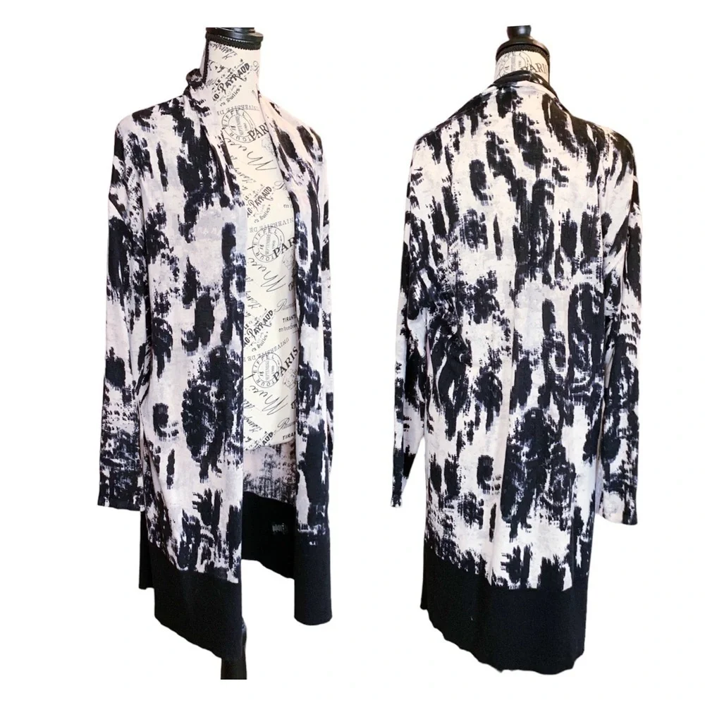 Nic+Zoe Castaway Open Front Cardigan Sweater Duster Abstract Black White XS
